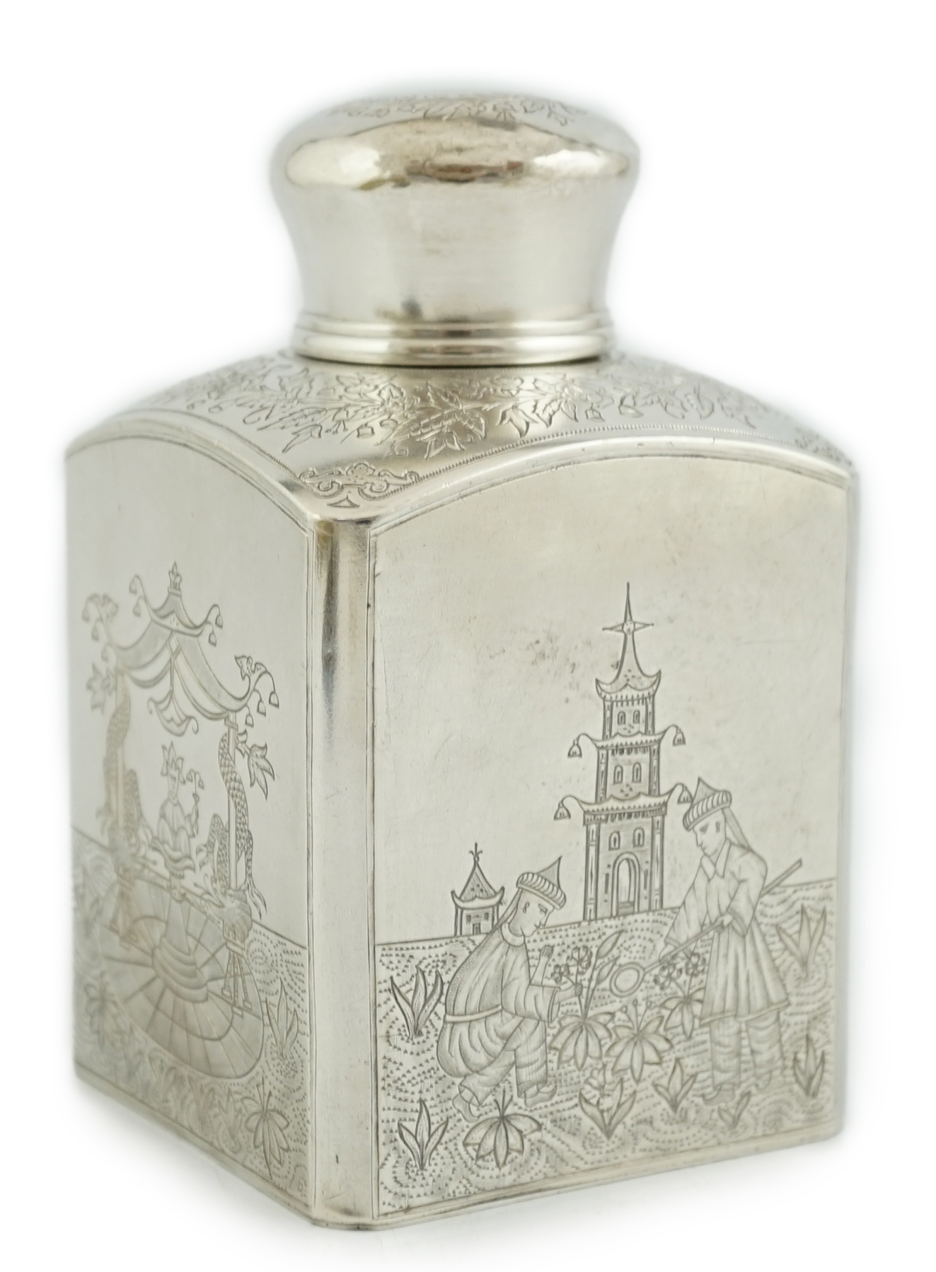 A late 19th century Russian 84 zolotnik silver rectangular tea caddy and cover, with engraved Chinoiserie decoration